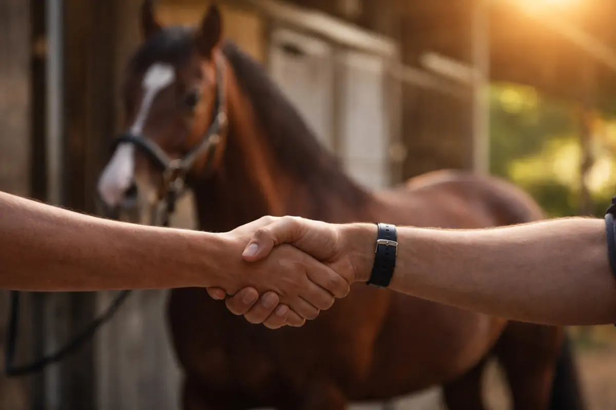 Zwei Menschen machen einen Handschlag, im Hintergrund sieht man ein Pferd leicht verschwommen