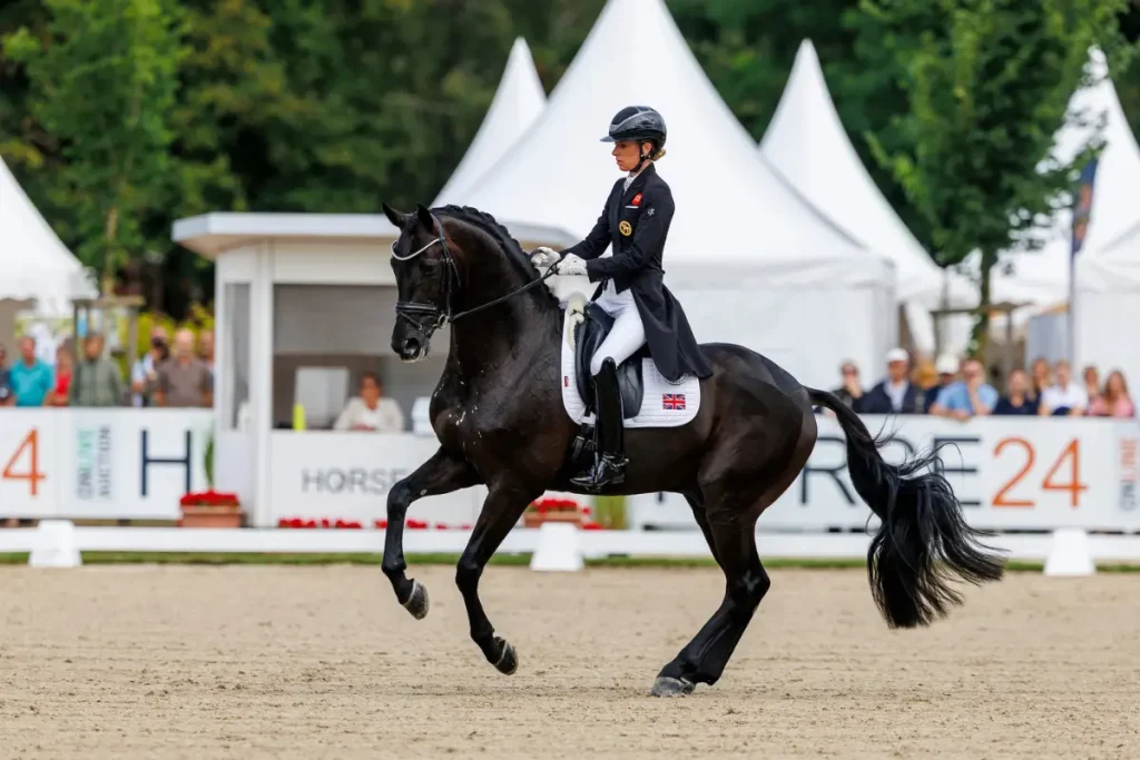 Ein Foto von Charlotte Dujardin, die ein dunkles Dressurpferd in einer versammelten Gangart, wie der Piaffe, reitet. Das Pferd hebt die Beine hoch an. Dujardin trägt klassischen Dressurfrack und Helm. Die Satteldecke zeigt die britische Flagge. Im Hintergrund befinden sich Zuschauer und weiße Festzelte auf einem Sandplatz.