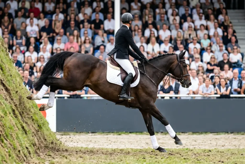 Eine seitliche Aufnahme beim Hamburger Derby: Ein dunkelbraunes Pferd mit weißer Schabracke und weißen Gamaschen springt im unteren Drittel den steilen, grasbewachsenen Derby-Wall hinunter nach rechts. Der männliche Reiter trägt eine weiße Reithose, ein schwarzes Sakko sowie einen Helm und sitzt aufrecht im Sattel. Sein Gesicht ist weggedreht, da er in Richtung der Zuschauer blickt. Im leicht verschwommenen Hintergrund sitzen zahlreiche Zuschauer auf einer Tribüne hinter einer schlichten, dunkelgrauen Bande ohne Werbung.