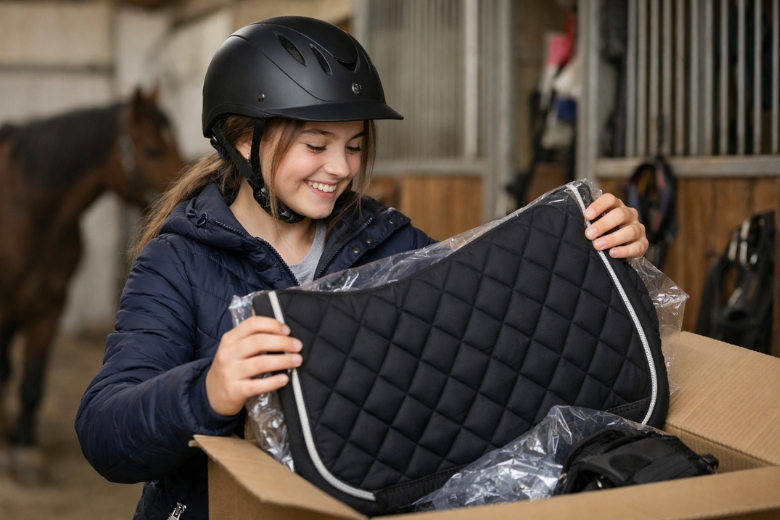 ehorses Gewinnspiele: Mädchen schaut auf neue Schabracke