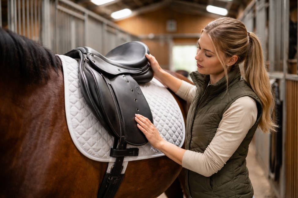 ehorses Produkttests: Mädchen legt neuen Sattel auf ein Pferd und schaut ihn prüfend an