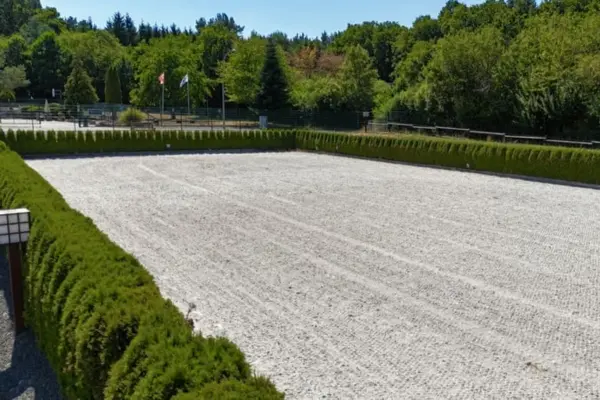 Blick auf den ebenmäßigen, hellen Sandboden des Außenreitplatzes der Reitanlage in Heimbach am Nationalpark Eifel. Der großzügige Reitplatz ist vollständig von einer akkurat geschnittenen, grünen Hecke umrahmt. Im Hintergrund zeigt sich eine dicht bewaldete Naturkulisse mit grünen Bäumen unter strahlend blauem Sommerhimmel.