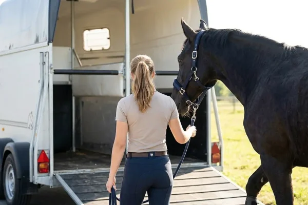 Rückansicht einer Frau, die ein dunkles Pferd mit blauem Halfter an einem Strick auf die geöffnete Rampe eines weißen Pferdeanhängers zuführt. Die Szene findet im Freien bei hellem Tageslicht statt.