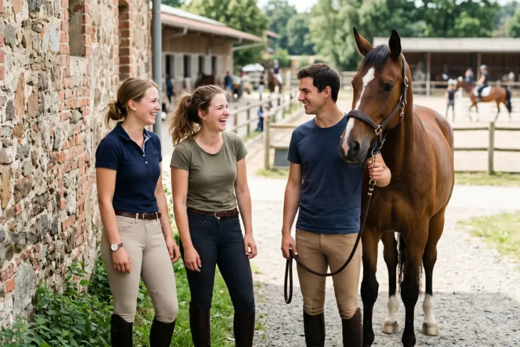 Drei junge Erwachsene – zwei Frauen und ein Mann im Alter zwischen 20 und 30 Jahren – stehen in Reitkleidung gut gelaunt und lachend an einer rustikalen Steinmauer auf einem Reiterhof. Der Mann auf der rechten Seite hält ein braunes Pferd am Halfter und blickt lächelnd zu den beiden Frauen rüber. Alle tragen eng anliegende Reithosen, T-Shirts bzw. Poloshirts und Reitstiefel. Die Szene ist hell und freundlich im Tageslicht fotografiert; im leicht verschwommenen Hintergrund sieht man die Stallungen und einen Reitplatz.