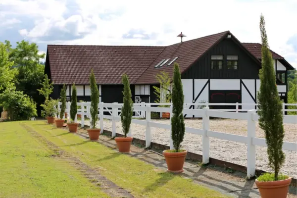 Eine exklusive Reitanlage mit weiß umzäuntem Sandplatz, einer Reihe von Zypressen in Terrakottatöpfen und einem Fachwerkgebäude im Hintergrund.