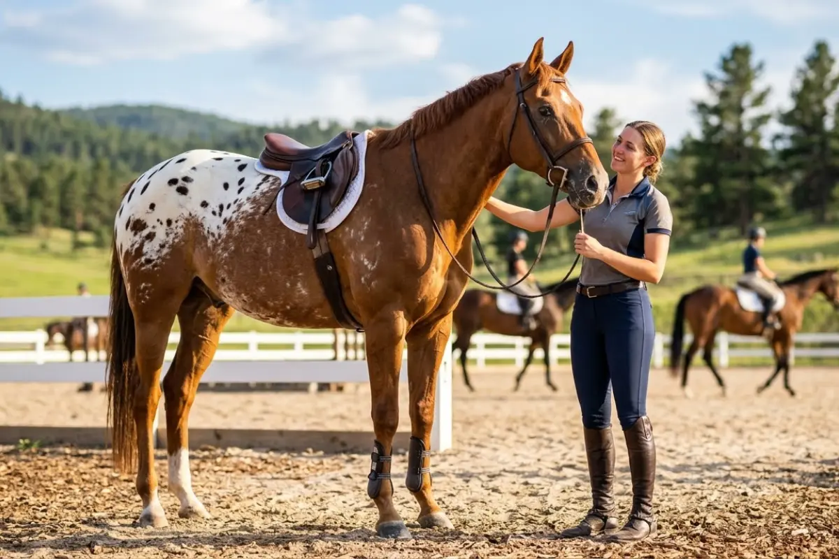 Ein braunes Pferd mit einer markanten weißen Appaloosa-Scheckung am Hinterteil steht gesattelt und getrenst in einer Reitarena mit Sandboden. Rechts daneben steht eine junge Reiterin in dunkelblauer Reithose, grauem Poloshirt und hohen braunen Reitstiefeln, hält die Zügel und blickt das Pferd lächelnd an, während sie seine Mähne berührt. Das Pferd trägt einen braunen Ledersattel, eine weiße Schabracke, Beinschützer und einen Trensenzaum. Die Arena ist mit einem weißen Zaun umgeben. Im Hintergrund ist eine hügelige, bewaldete Landschaft und zwei weitere Reiter sind auf Pferden zu sehen. Die Sonne scheint leicht durch Wolken.