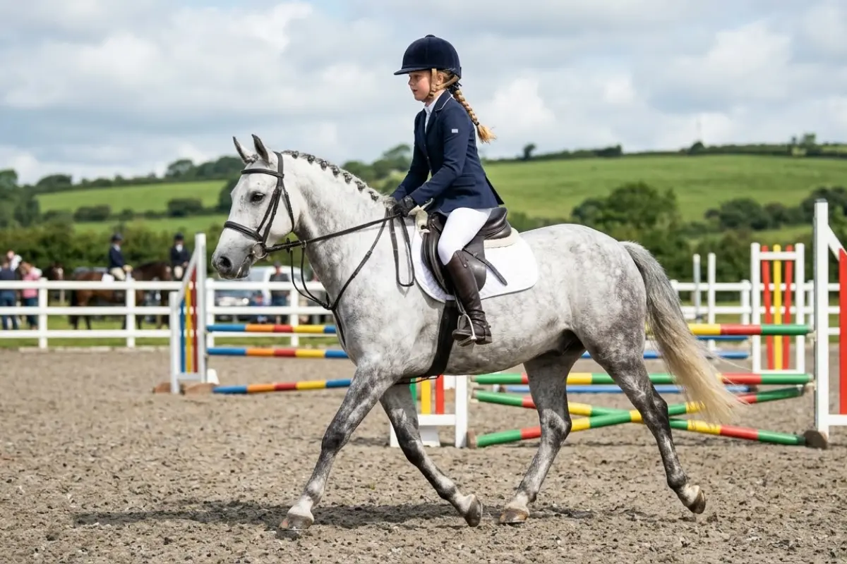 Eine junge Reiterin auf einem apfelschimmelgrauen Pony im Trab auf einem Außenreitplatz. Sie trägt einen blauen Helm, eine blaue Show-Jacke, weiße Reithosen und braune Stiefel. Ihr blondes Haar ist zu einem Zopf geflochten. Das Pony hat eine geflochtene Mähne und ist gesattelt und getrenst. Im Hintergrund sind bunte Springhindernisse, grüne Hügel, eine weiße Umzäunung und Zuschauer zu sehen. Der Himmel ist leicht bewölkt.
