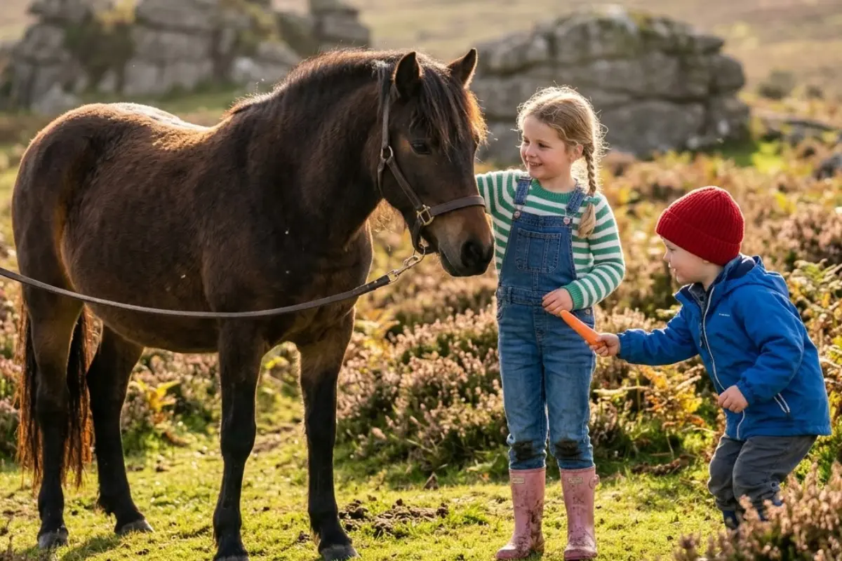 Ein Foto von einem kleinen, dunkelbraunen Dartmoor-Pony in einer weitläufigen, hügeligen Heidelandschaft. Ein kleiner Junge in einer blauen Jacke und einer roten Strickmütze streckt dem Pony eine Karotte entgegen, während ein Mädchen in einer blauen Latzhose und rosa Gummistiefeln daneben steht und das Pony lächelnd beobachtet. Im Hintergrund sind grasbewachsene Hügel und typische Felsformationen unter warmem Sonnenlicht zu sehen.