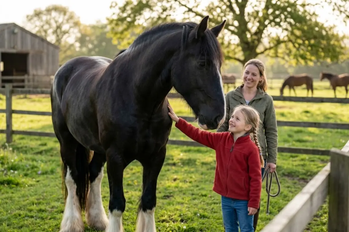 Gemini hat gesagt Ein Foto, das ein junges Mädchen in einer roten Fleecejacke zeigt, das sanft das Maul eines großen, schwarzen Kaltblutpferdes mit weißen Fesseln auf einer grünen Koppel streichelt. Eine erwachsene Frau in einer grünen Jacke steht dahinter, hält einen Strick und lächelt, während sie die Interaktion beobachtet. Im Hintergrund sind eine hölzerne Scheune und weitere grasende Pferde unter warmem Sonnenlicht zu sehen.