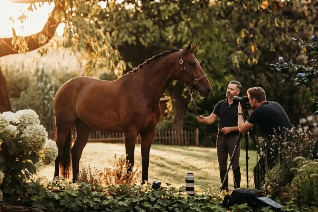 In einem ländlichen Garten bei goldenem Sonnenuntergangslicht wird ein großer, brauner Hengst mit geflochtener Mähne für ein professionelles Foto in Szene gesetzt. Ein Mann hält das Pferd ruhig an einem Führstrick, während ein zweiter Mann dahinter hockt und mit einer Kamera auf einem Stativ ein Foto macht. Die Szene ist von üppigem Grün, Blumenbeeten und einem Holzlattenzaun umgeben, wobei Kamerazubehör im Gras liegt.