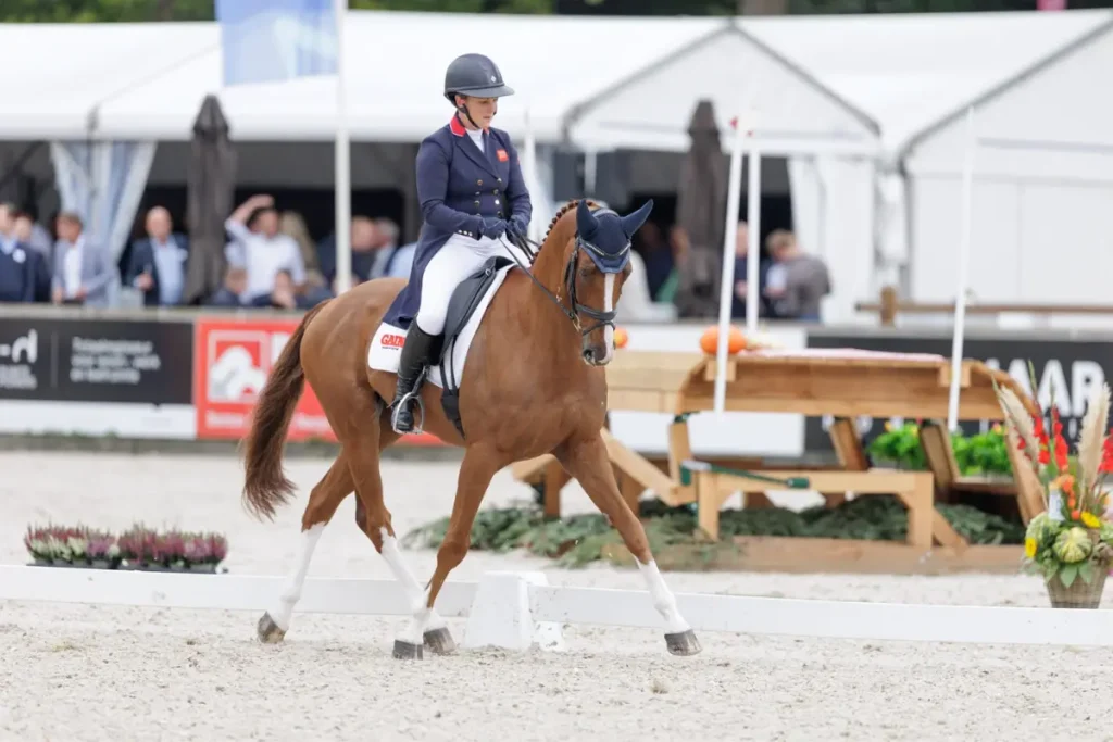 Gemma Stevens auf dem Fuchs Chilli Morning IV während einer Dressurprüfung beim Vielseitigkeitsturnier in Boekelo.