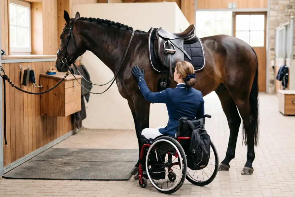 Eine helle, freundliche Szene in einer gepflegten Stallgasse. Von hinten ist eine Dressurreiterin im Rollstuhl zu sehen, die neben einem sportlichen, dunkelbraunen Hannoveraner-Pferd steht. Das Pferd ist an einem Putzplatz angebunden, trägt einen Dressursattel sowie eine Trense und seine Mähne ist ordentlich eingeflochten. Die Reiterin trägt ein dunkelblaues Turniersakko, eine weiße Reithose und ihre dunkelblonden Haare sind zu einem tiefen Dutt mit Haarnetz gebunden. Sie schaut leicht zu dem Pferd auf und legt behutsam ihre Hand an dessen Schulter.
