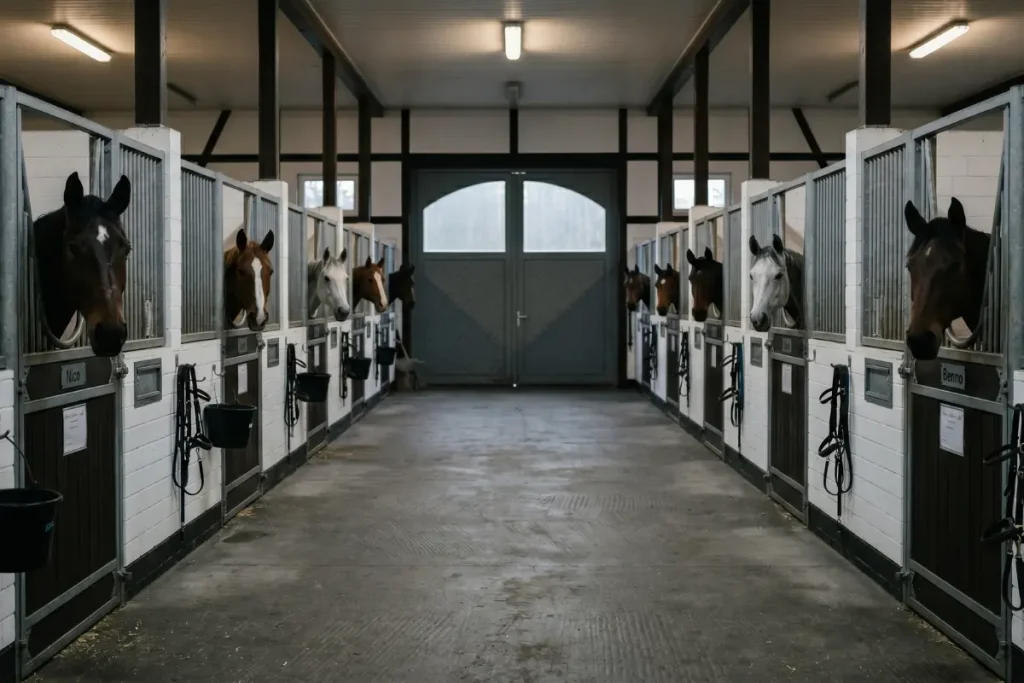 Blick in eine saubere, aber trüb beleuchtete Stallgasse mit mehreren Pferden, die aus ihren Boxen schauen. Das dunkle Licht und die gedeckten Farben erzeugen eine ernste, gedrückte Stimmung.