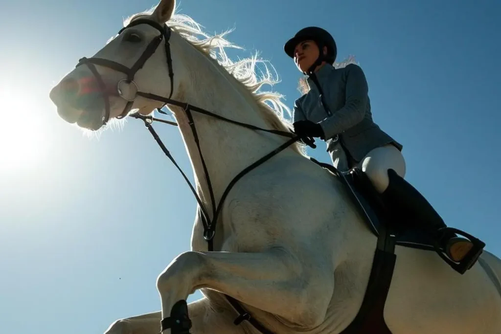 Eine Reiterin auf einem weißen Pferd beim Springen, fotografiert aus einer niedrigen Perspektive vor einem strahlend blauen Himmel. Die helle Sonne im Hintergrund sorgt für ein starkes Gegenlicht, das die Konturen von Pferd und Reiterin erleuchtet.