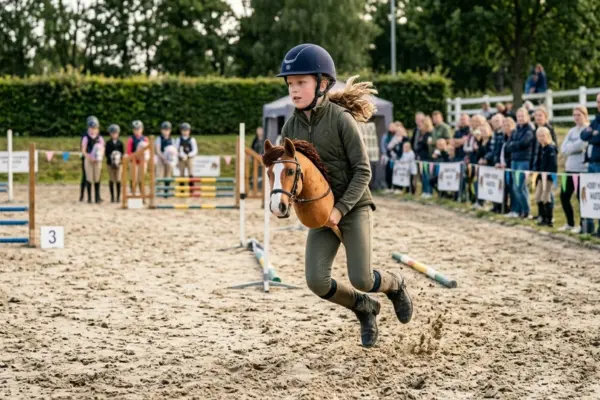 Ein junges Mädchen in Reitkleidung (navyblauer Helm, olivgrüne Weste, passende Reithose und Stiefel) rennt und springt dynamisch über einen sandigen Springplatz, während sie auf einem detaillierten, braunen Plüsch-Hobby Horse mit Lederzaumzeug 'reitet'. Sand wird unter ihren Füßen aufgewirbelt. Im Hintergrund sind Springhindernisse (eines mit der Nummer '3'), eine Gruppe anderer wartender Teilnehmer mit ihren Hobby Horses und eine Reihe von Zuschauern hinter einem weißen Zaun zu sehen.