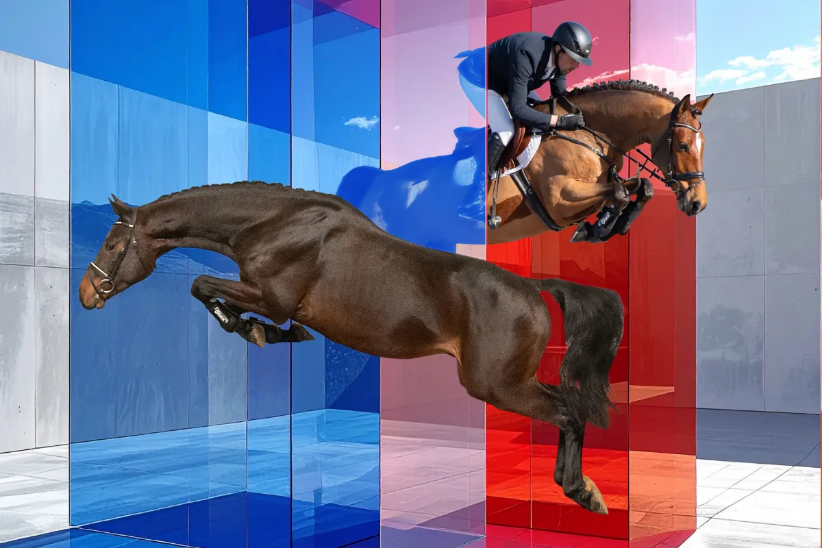 Eine künstlerische Collage zur Holsteiner Frühjahrsauktion 2026. Im Vordergrund springt ein dunkelbraunes Pferd im Freisprung nach links vor blauen, transparenten Glasstelen. Rechts versetzt dahinter springt ein berittener Brauner über rote Glasstelen nach rechts. Der Hintergrund besteht aus einer schlichten, grauen Betonwand unter strahlend blauem Himmel. Die Komposition wirkt modern und dynamisch durch das Spiel mit Transparenz und kräftigen Farben.