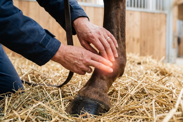 Eine Detailaufnahme der Hände einer Person, die den Fesselkopf eines Pferdebeins abtasten. Ein leuchtender, rot-oranger Lichtkreis (Glow) strahlt direkt dort ab, wo die Fingerspitzen das Gelenk berühren, was auf eine Untersuchung auf lokale Wärme hindeutet. Die Person kniet auf Stroh in einem Stall.