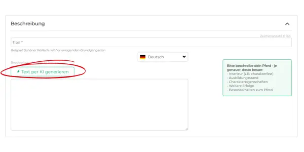 Abbildung der Inserierungsmaske und wie die ehorses KI deine Inseratsbeschreibung generiert.
