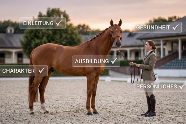 Ein edler Fuchs steht auf einem Reitplatz neben einer Frau in klassischer Reitkleidung. Grafische Overlays mit Häkchen markieren die wichtigsten Abschnitte eines Inserats: Einleitung, Gesundheit, Ausbildung, Charakter und Persönliches