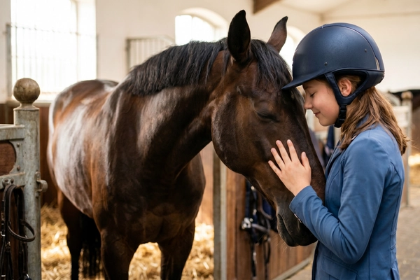 Eine Reiterin in blauer Jacke und Helm lehnt ihre Stirn in einem hellen Stall vertrauensvoll gegen den Kopf eines dunkelbraunen Pferdes. Diese Szene unterstreicht die Wichtigkeit von emotionalen Bildern, die das Vertrauen zwischen Mensch und Pferd zeigen.