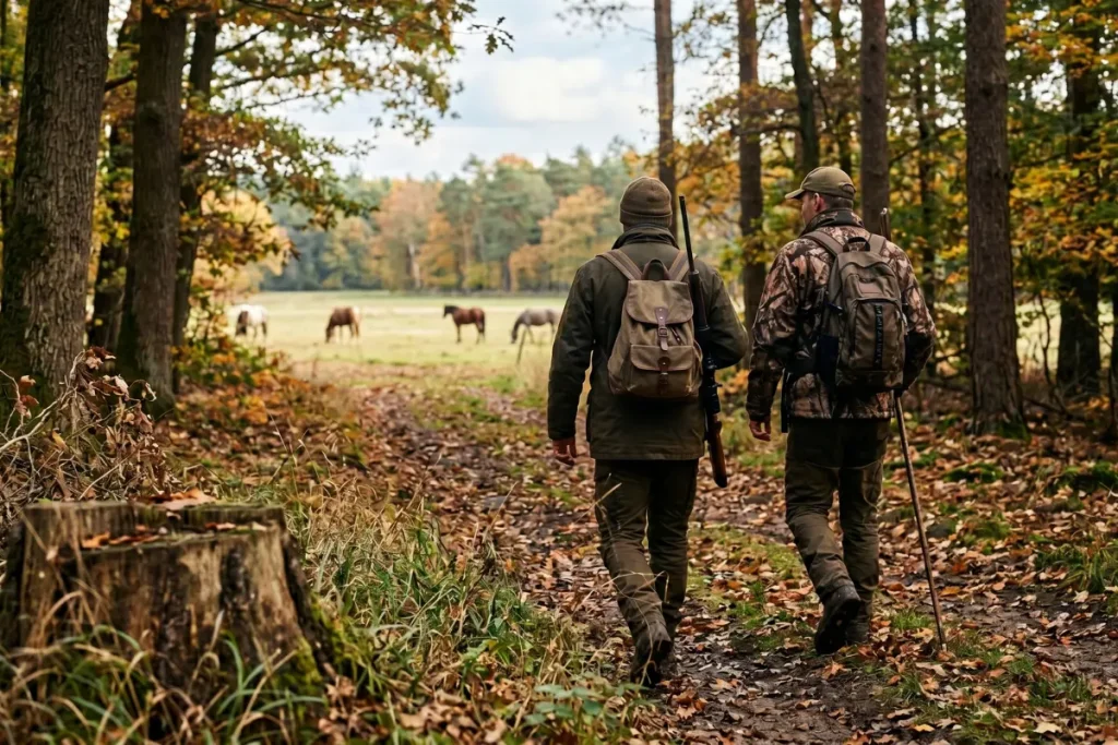 Zwei Jäger in Outdoor Kleidung gehen auf einem mit Herbstlaub bedeckten Waldweg vom Betrachter weg in den Wald hinein. Im Hintergrund ist auf einer leicht verschwommenen Lichtung eine Pferdeherde zu sehen. Im Vordergrund steht ein Baumstumpf.
