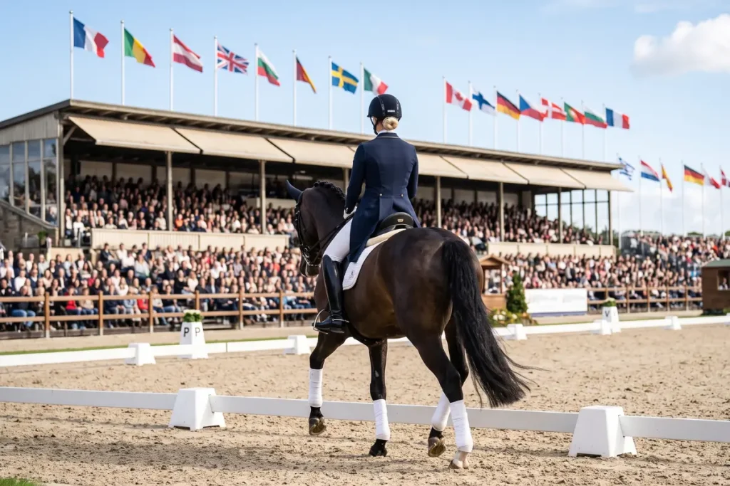Eine Dressurreiterin von hinten fotografiert, die auf einem dunkelbraunen Pferd reitet. Das Paar befindet sich mitten in einem großen Dressurviereck im Freien. Die Reiterin trägt ein elegantes, dunkelblaues bis schwarzes Turniersakko, eine weiße Reithose, schwarze Stiefel und einen Helm, unter dem ein ordentlicher, blonder Dutt zu sehen ist. Es sind keine Sporen an ihren Stiefeln erkennbar. Das Pferd läuft in einer eleganten Dressurbewegung von der Kamera weg, trägt weiße Bandagen an den Beinen und hat den Schweif leicht gehoben. Im Hintergrund erstreckt sich eine große, gut besuchte Zuschauertribüne unter freiem Himmel, über der zahlreiche internationale Flaggen im Wind wehen. Die Atmosphäre fängt ein hochkarätiges Reitturnier ein.