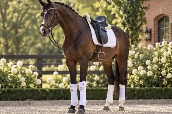 Ein dunkelbraunes Warmblutpferd steht gesattelt und gezäumt in einer Dreiviertelansicht von vorne links auf einem Sandreitplatz. Das Pferd ist für das Dressurreiten vorbereitet und trägt eine schwarze Trense mit glitzerndem Stirnband, einen schwarzen Dressursattel auf einer weißen Schabracke mit Lammfellpad sowie weiße Gamaschen und Bandagen an allen vier Beinen. Die Mähne ist ordentlich in kleinen Zöpfen eingeflochten, und das Pferd hat eine weiße Blesse auf dem Kopf. Im Hintergrund sind ein dunkler Holzzaun, blühende weiße Hortensienbüsche und ein Backsteingebäude im natürlichen Tageslicht zu sehen.