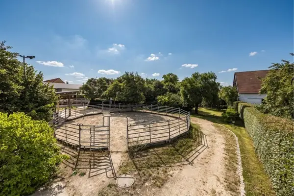 Runder Reitplatz (Roundpen) aus Metall-Panels mit Sandboden, umgeben von grünen Bäumen unter sonnigem, blauem Himmel.