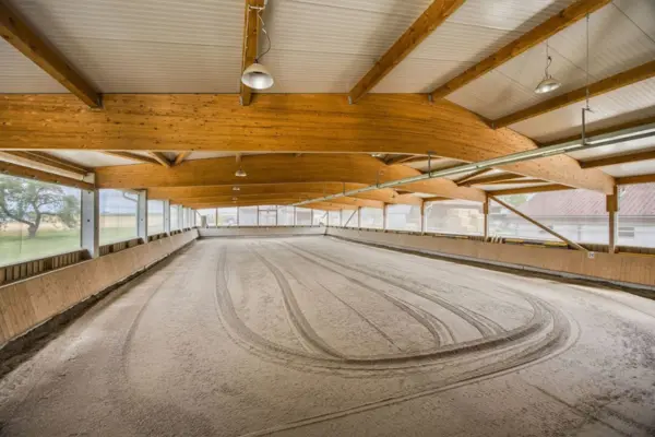 Weitläufige Blickperspektive durch eine lichtdurchflutete Reithalle mit ovalen Hufspuren auf dem ebenen Sandboden. Die Decke wird von imponierenden, geschwungenen Holzleimbindern getragen, während eine niedrige Holzbande das Reitviereck begrenzt und helles Tageslicht durch die transparenten Seitenwände fällt.