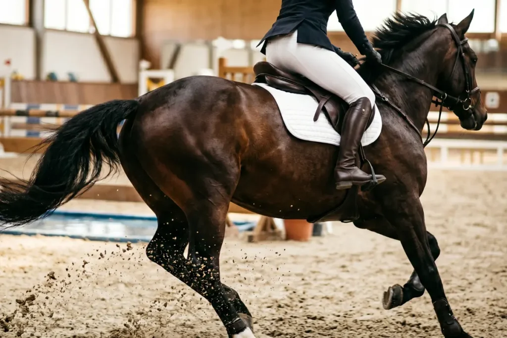 Nahaufnahme von seitlich hinten eines dunkelbraunen Hannoveraner Pferdes im dynamischen Galopp in einer Reithalle. Zu sehen ist die Flanke des Pferdes, die Hufe wirbeln Sand auf dem Hallenboden auf. Auf dem Pferd sitzt ein Reiter in weißer Reithose und braunen Stiefeln, ohne Sporen. Unter dem braunen Sattel liegt eine schlichte, weiße Schabracke ohne Logos. Im leicht verschwommenen Hintergrund sind Springhindernisse zu erkennen.