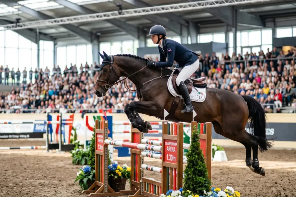 Eine junge, ca. 16-jährige Reiterin in professioneller Turnierkleidung springt mit einem sportlichen, dunkelbraunen Warmblüter über ein buntes Hindernis. Das Pferd zeigt eine konzentrierte Sprungphase mit angewinkelten Vorderbeinen. Die Szene spielt in einer großen, modernen und hellen Reithalle während eines Turniers. Im Hintergrund ist eine gut besuchte Tribüne mit Zuschauern zu sehen, die in leichter Unschärfe verschwimmen, was den Fokus auf das Reiterpaar lenkt. Die Atmosphäre wirkt gepflegt und professionell.
