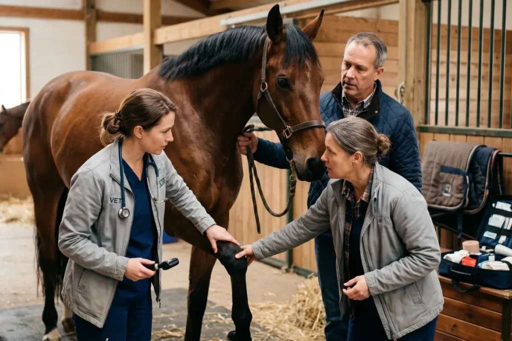 Tierartzt kontrolliert ein braunes Pferd weil ein andere Frau hilft. In Hintergrund ist ein Stallgasse und ein Mann