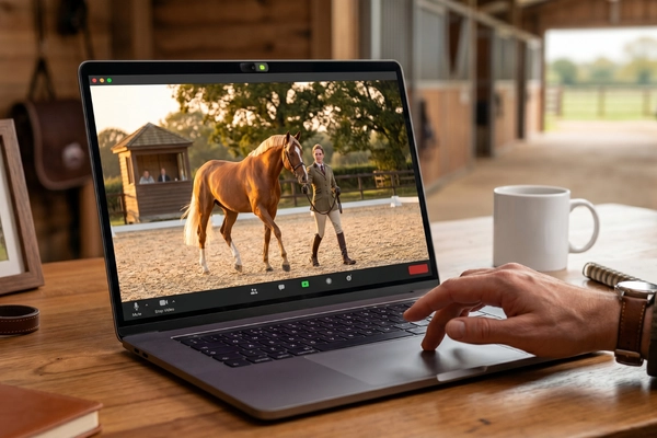 Ein Laptop steht auf einem rustikalen Holztisch in einer Stallgasse. Auf dem Bildschirm ist ein Videocall zu sehen, bei dem ein hellbraunes Pferd mit heller Mähne auf einem Außenplatz präsentiert wird. Eine Hand bedient das Trackpad des Laptops, daneben steht eine Kaffeetasse. Das Bild illustriert den Prozess einer digitalen Pferdebesichtigung aus Sicht des Käufers.