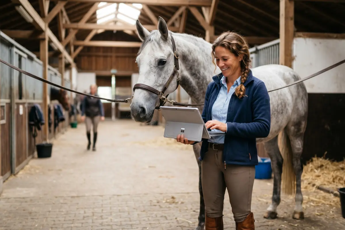 Eine lächelnde Frau in Reitkleidung steht in einem hellen Stallgang und bedient einen Laptop, während sie neben einem angebundenen Schimmel steht. Der Hintergrund zeigt Pferdeboxen und Holzbalken.