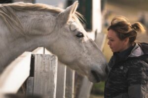 Pferd beugt sich einer Frau vor