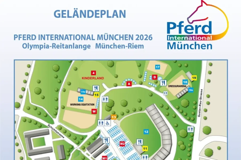 Geländeplan der Reitsportveranstaltung Pferd International München auf der Olympia-Reitanlage München-Riem mit gekennzeichneten Arealen wie Dressurarena, Working Equitation und Kinderland.