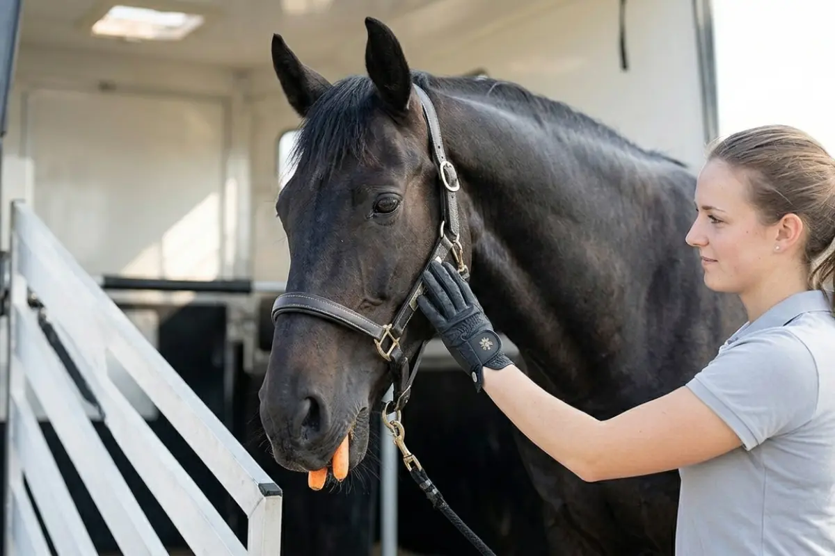 Nahaufnahme eines dunklen Pferdes, das eine Karotte im Maul hat und von einer jungen Frau in Reitkleidung sanft an der Wange gestreichelt wird. Das Pferd trägt ein Halfter und steht direkt vor dem Eingang eines Pferdetransporters.