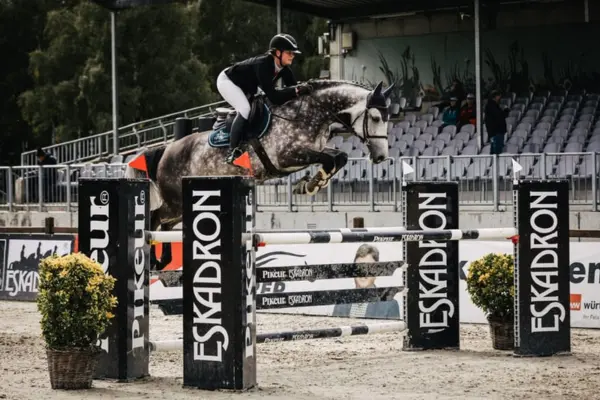 Der Holsteiner-Schimmel beim Überwinden eines Steilsprungs. Die schwarzen Hindernisständer tragen die Aufschrift „ESKADRON“. Das Pferd zeigt eine gute Beintechnik über der Stange. Im Hintergrund ist die leere Zuschauertribüne des Turniergeländes zu sehen.