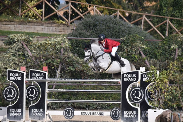 Der Schimmelhengst Air Wings Z überwindet in einer dynamischen Flugphase einen schwarz-weißen Oxer bei einem Springturnier. Ein Reiter im roten Turniersakko begleitet den Sprung harmonisch. Die Hindernisständer tragen das Logo „EQUUS BRAND“, und der Hintergrund zeigt eine gepflegte Reitanlage mit Holzzäunen und grünen Hecken.