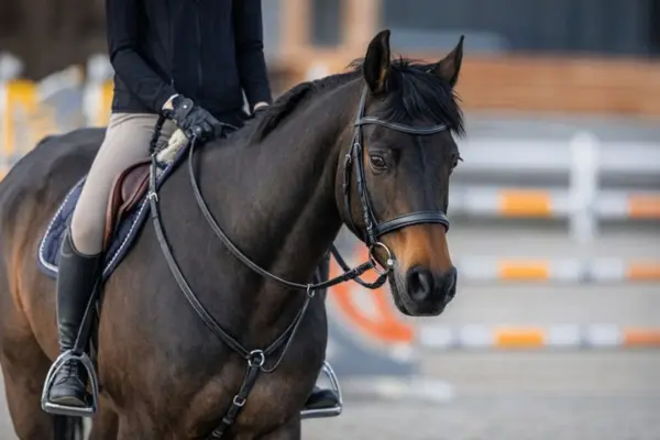 Nahaufnahme der dunkelbraunen Cari im Profil während der Arbeit auf dem Reitplatz. Das Pferd trägt eine klassische schwarze Trense und ein Vorderzeug. Die Reiterin ist in dunkler Jacke und hellen Reithosen im Sattel zu sehen; der Hintergrund zeigt eine Reitarena mit Springhindernissen.
