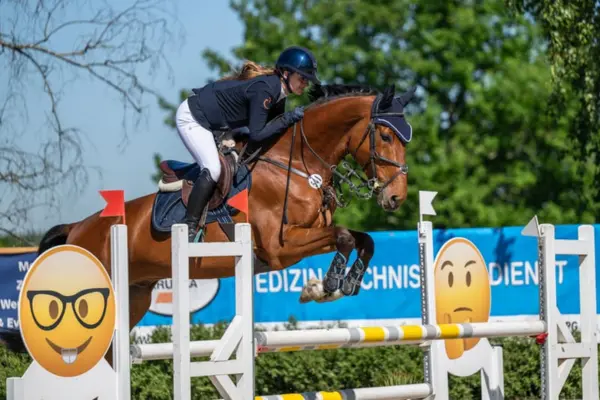 Eine Springreiterin in dunkelblauem Sakko und weißer Reithose überwindet mit ihrem braunen Pferd ein Hindernis auf einem Turnierplatz. Das Pferd trägt eine dunkle Fliegenhaube und Beinschutz; im Hintergrund hängen blaue Werbebanner und dekorative Schilder mit Emojis am Parcoursrand.