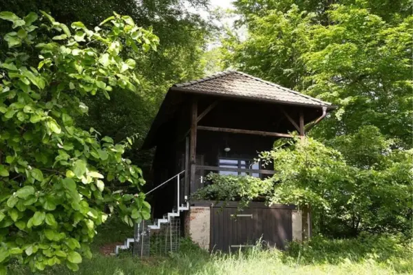 Rustikale, dunkle Holzhütte auf einem Steinsockel mit weißer Außentreppe, umgeben von dichtem grünem Laubwald.