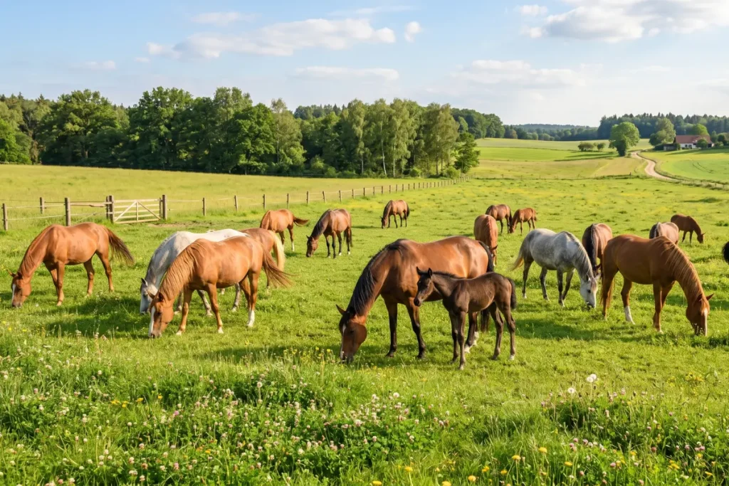 Eine Herde verschiedener Pferde grasst friedlich auf einer weitläufigen, saftig grünen Weide voller kleiner Wildblumen. Im Vordergrund steht eine Stute mit ihrem Fohlen. Die Szene ist von warmem Sonnenlicht erleuchtet, im Hintergrund erstrecken sich sanfte Hügel, Wälder und ein Feldweg unter einem leicht bewölkten, blauen Himmel.