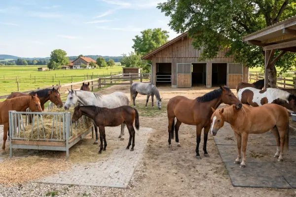 Eine gemischte Pferdeherde in einem weitläufigen, hellen Offenstall bei sonnigem Wetter. Einige Pferde fressen friedlich gemeinsam Heu aus einer großen Heuraufe, während andere an einer Tränke am Holzunterstand stehen und soziale Fellpflege betreiben. Im Hintergrund erstrecken sich grüne Koppeln und Wiesen.