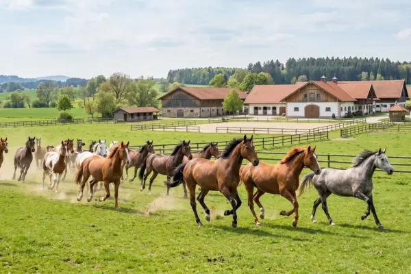 Eine dynamische Aufnahme einer bunten Pferdeherde, die im gestreckten Galopp über eine saftig grüne Weide läuft. Im Hintergrund erstreckt sich eine weitläufige Stallanlage mit Reitplatz und Koppeln unter einem hellen, freundlichen Himmel. Die Szene strahlt Lebensfreude und Freiheit aus.