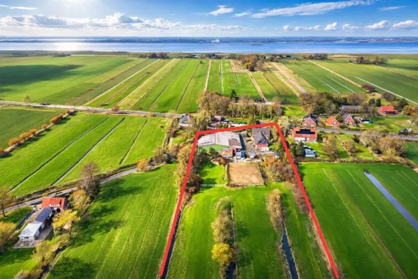 Eine weitläufige Drohnen-Luftaufnahme einer ländlichen Region direkt an einem großen Gewässer (z. B. Fluss oder Meer). Die Grenzen des angebotenen Pferdehofs – bestehend aus Wohnhaus, Stallungen, Reitplatz und einer langgezogenen, schmalen Weide – sind mit einer roten Linie deutlich hervorgehoben. Das Anwesen ist von grünen, von Gräben durchzogenen Marschland-Feldern umgeben.