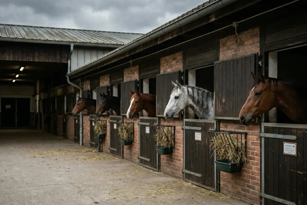 Eine Reihe von Pferden unterschiedlicher Fellfarben, die aus ihren braunen Stalltüren blicken, in einem gepflegten, gemauerten Pferdestall unter einem bewölkten, düsteren Himmel, der eine nachdenkliche Atmosphäre erzeugt.