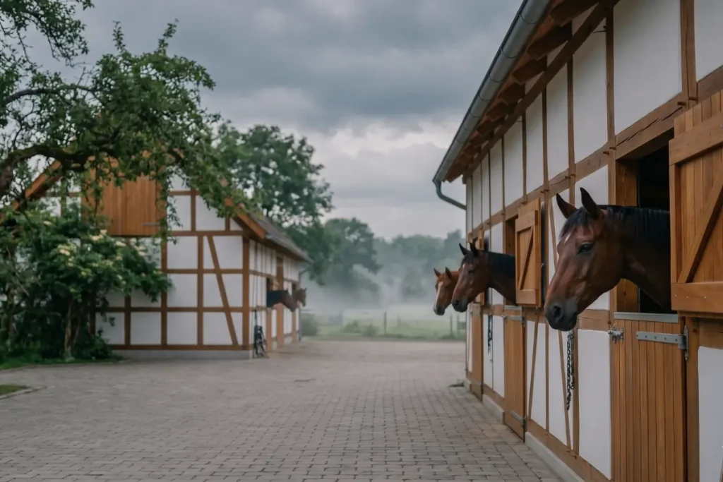 Ein moderner, sehr gepflegter Reiterhof in Nordrhein-Westfalen an einem verregneten Tag. Mehrere braune Pferde schauen ruhig aus den geöffneten oberen Türen ihrer sauberen Boxen eines weißen Fachwerkstalls. Der gepflasterte Hof und die grünen Bäume im Hintergrund sind ordentlich und gut instand gehalten. Über der Szenerie hängt ein kontrastierender, dunkler, wolkenverhangener Gewitterhimmel, aus dem sichtbare Regenschauer fallen, was eine ernste und bedrückte Stimmung erzeugt.