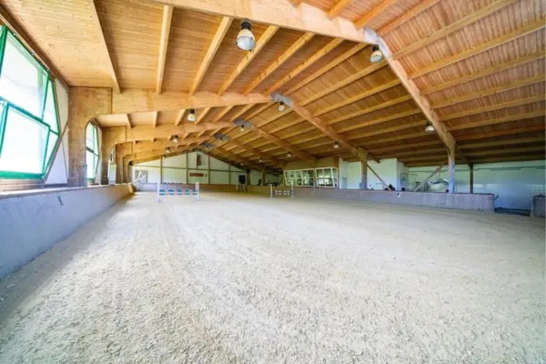 Innenansicht einer weitläufigen, modernen Reithalle der Reitanlage in Plettenberg (Sauerland) mit einem Hallenmaß von 20 x 40 Metern. Ein heller, ebener Sandboden (Stresan-Sand) zieht sich durch die gesamte Halle, in deren hinterem Bereich ein aufgebautes Springhindernis und ein Reitplatz-Abteiler zu sehen sind. Die Hallenkonstruktion besticht durch eine markante, offene Dachkonstruktion aus natürlichem Holz mit massiven Holzleimbindern und Deckenbeleuchtung. Auf der linken Seite sorgen große Fenster mit grünen Rahmen für reichlich Tageslicht, während auf der rechten Seite eine Holzbande sowie verglaste Zuschauerräume und Durchgänge die Reitfläche begrenzen.