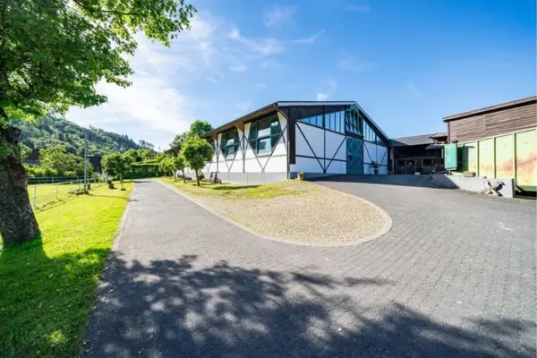 Alt-Text: Außenansicht der modernen Reithalle und Teile des Stalltrakts einer Reitanlage in Plettenberg (Sauerland). Die Reithalle im Zentrum besticht durch eine weiß-braune Fachwerk-Optik, große hexagonale Fenster mit grünen Rahmen und ein großes, grünes Einfahrtstor an der Giebelseite. Davor und daneben erstreckt sich ein weitläufiger, gepflasterter Hof- und Zufahrtsbereich, der leicht ansteigt. Links verläuft ein Fußweg, gesäumt von jungen Bäumen, einer grünen Wiese und einem eingezäunten Paddock, während im Hintergrund waldreiche Hügel zu sehen sind. Auf der rechten Seite grenzen weitere Wirtschafts- und Stallgebäude aus Holz an den Hof. Die Aufnahme entstand an einem sonnigen Tag mit leicht bewölktem, blauem Himmel.